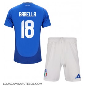 Camisa de Futebol Itália Nicolo Barella #18 Equipamento Principal Infantil Europeu 2024 Manga Curta (+ Calças curtas)